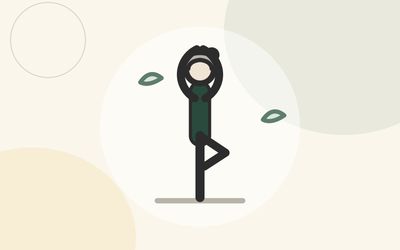 Illustration of a woman holding a yoga tree pose with leaves beside her