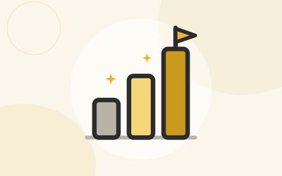 Illustration of three rising bars with a small flag planted on the tallest and sparkles above
