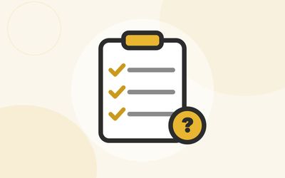 Illustration of a clipboard checklist with three checked lines and a bold gold question mark