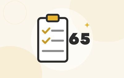 Illustration of a clipboard with checked items beside a large number 65