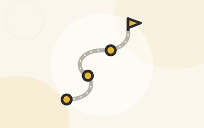 Illustration of a winding roadmap with milestone markers leading to a flag