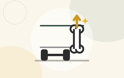 Illustration of a barbell resting at a low mark on a scale while a bone with an upward arrow sits above the higher mark