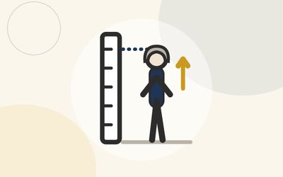 Illustration of a woman standing tall beside a height ruler with an upward arrow