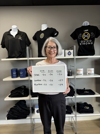 OsteoStrong member Gloria D. - Reversed a decade of spine and femoral neck decline (DEXA 2018 - 2024)