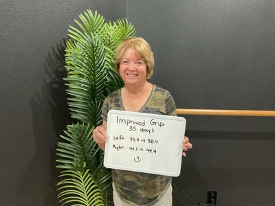 OsteoStrong member Chris L. - Grip in 35 days: left 33.4 to 38.4, right 44.2 to 49.4