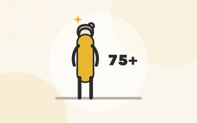Illustration of a woman standing tall beside the label 75+ with a sparkle overhead
