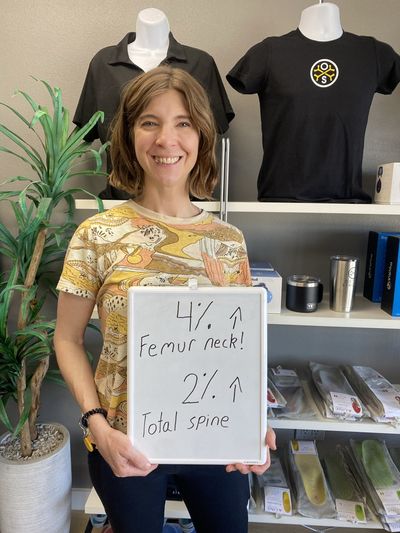 OsteoStrong member Rachel M. - Femoral neck +4%, total spine +2%