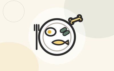 Illustration of a plate with egg, fish, and legumes beside a small bone