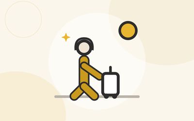 Illustration of a silver-haired woman walking with a suitcase on a path, with a sun and a gold sparkle overhead