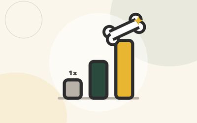 Illustration of three rising bars for walking, lifting, and loading, with a bone and a gold sparkle above the tallest