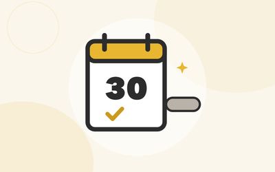 Illustration of a calendar page marked 30 with a capsule beside it and a checkmark on the page