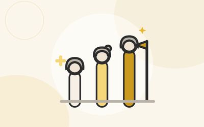 Illustration of three silver-haired women beside bars climbing toward a milestone flag