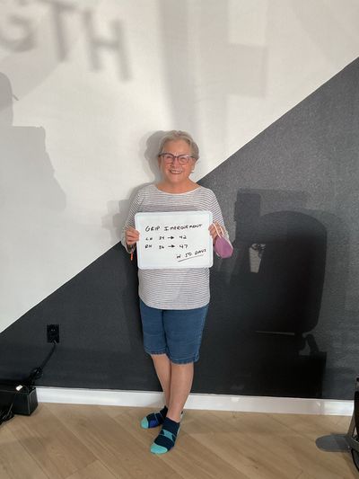 OsteoStrong member Karen O. - Grip in 50 days: left 34 to 42, right 36 to 47