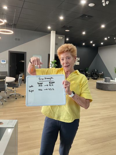 OsteoStrong member Joyce R. - Grip in 83 days: left 29.8 to 41.4, right 37.6 to 43.2