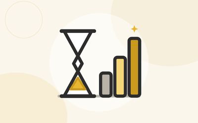 Illustration of an hourglass beside three bars that climb higher each year