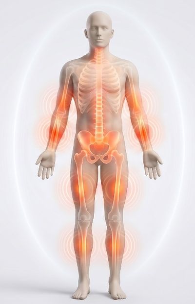 Anatomical illustration highlighting the spine, hips, wrists, and legs - the areas OsteoStrong devices target to trigger bone growth