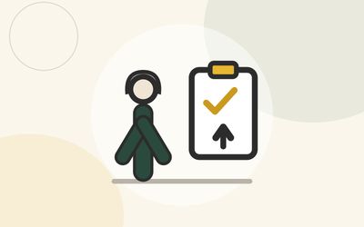 Illustration of a silver-haired woman standing tall beside a clipboard with a checkmark and an upward arrow