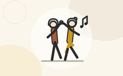 Illustration of two silver-haired women dancing with music notes above