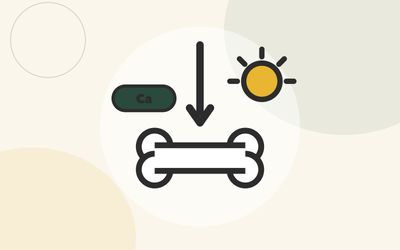 Illustration of a calcium tablet, a sun for vitamin D, and a load arrow all pointing at one bone