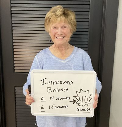 OsteoStrong member Norma M. - Single-leg balance: 14 sec / 15 sec up to 40 sec