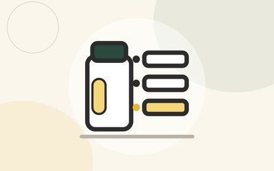 Illustration of a medication bottle beside a short checklist with one line highlighted in gold